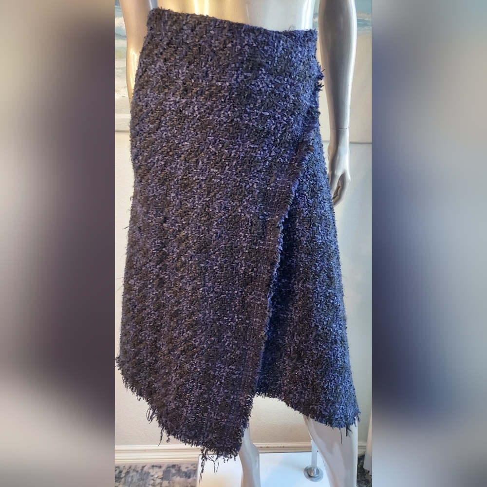 $2,500 OSCAR DE LA RENTA BLUE BLACK ASYMMETRIC TWEED SKIRT US S